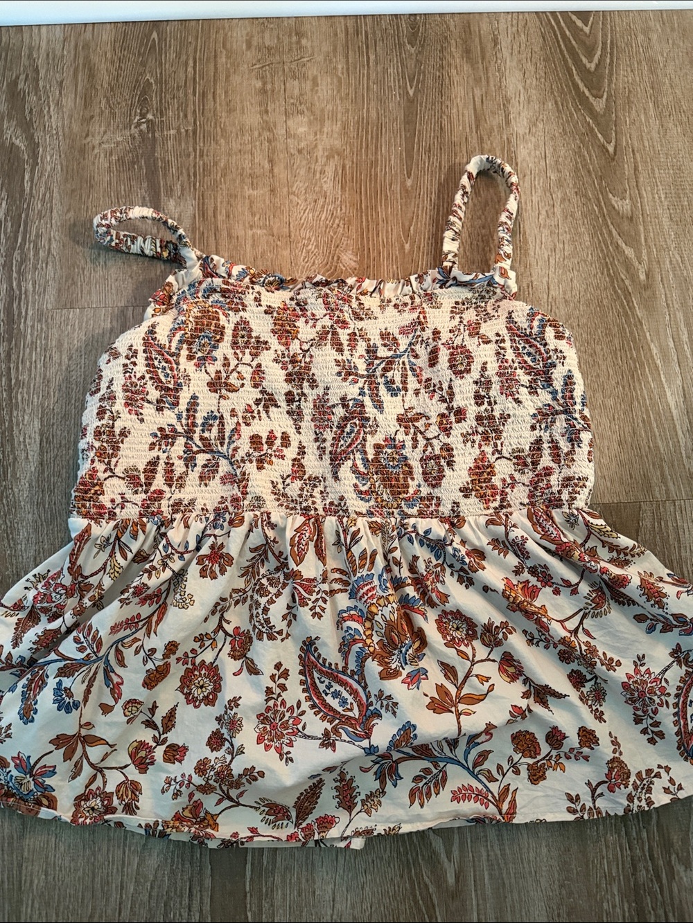 Old Navy Cream Floral Smocked Tank Top with Rust & Blue Accents